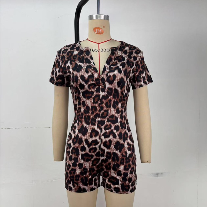 OM-2024 Summer New Arrival Leopard Print Short Sleeve V-Neck Fashionable Tight-Fitting Butt-Lifting Jumpsuit for Women - YH15813